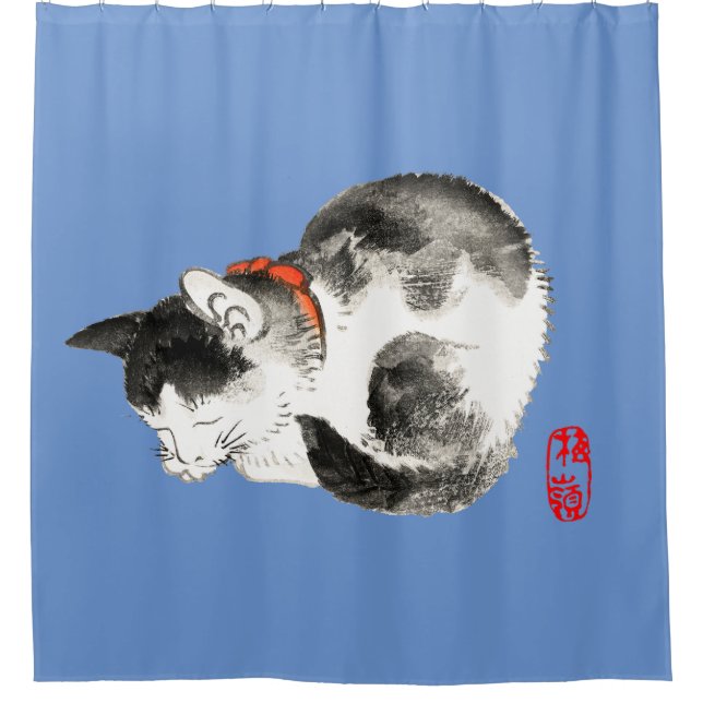 Sleeping Japanese Cat Black and White Shower Curtain (Front)