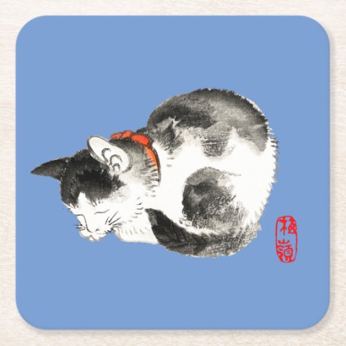Sleeping Japanese Cat Black and White Square Paper Coaster