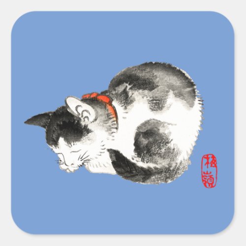 Sleeping Japanese Cat Black and White Square Sticker