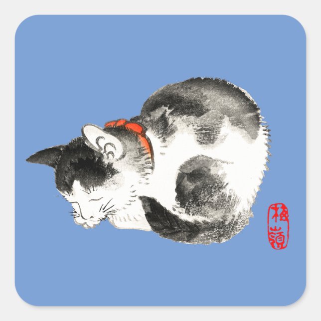 Sleeping Japanese Cat Black and White Square Sticker (Front)