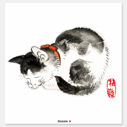 Sleeping Japanese Cat Black and White Sticker