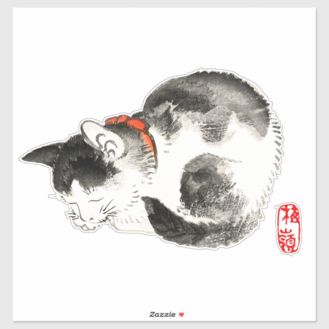 Sleeping Japanese Cat Black and White Sticker (Sheet)