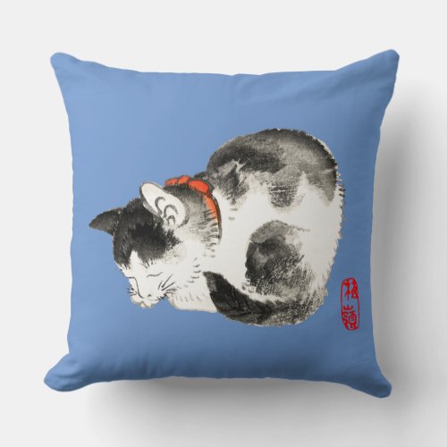 Sleeping Japanese Cat Black and White Throw Pillow