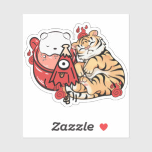 Sleeping Kawaii Tiger and Kasa-obake Spirit Sticker