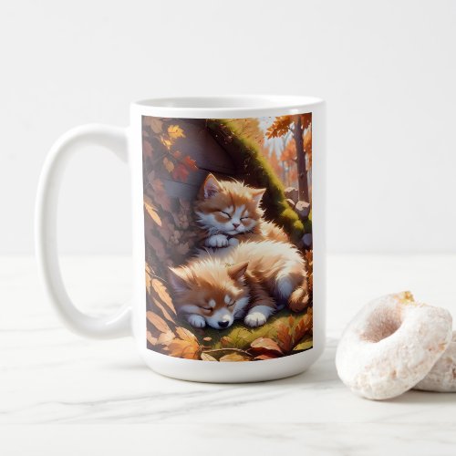 Sleeping Kitten and Puppy Fall Leaves Meadow  Coffee Mug