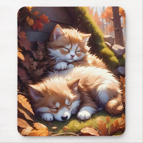 Sleeping Kitten and Puppy Fall Leaves Meadow  Mouse Pad