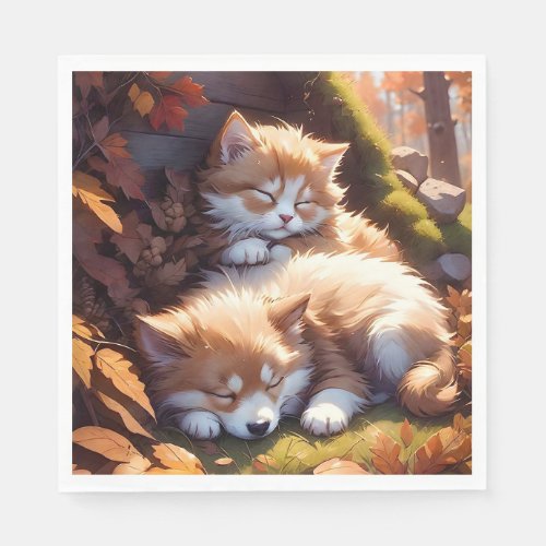 Sleeping Kitten and Puppy Fall Leaves Meadow  Napkins