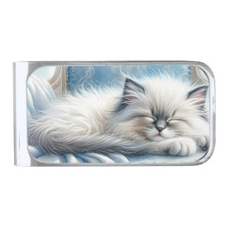 Sleeping Kitten Blue Cottagecore Dream Silver Finish Money Clip