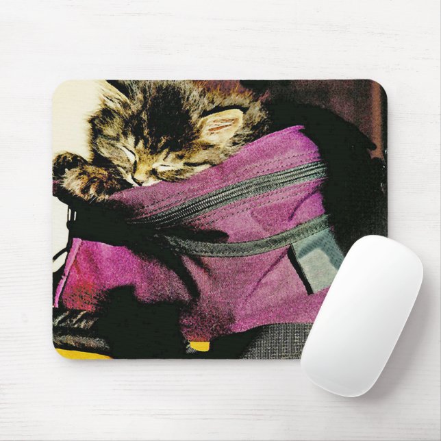 Sleeping Kitten In A Burgundy Purse Mouse Pad (With Mouse)