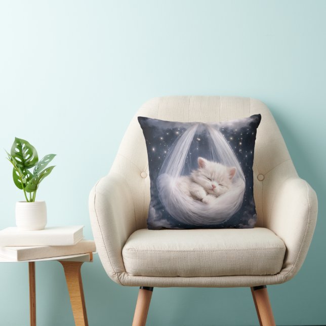 Sleeping Kitten in a Tulle Hammock Throw Pillow (Chair)