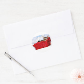 Sleeping Kitten In Bright Red Basket Classic Round Sticker