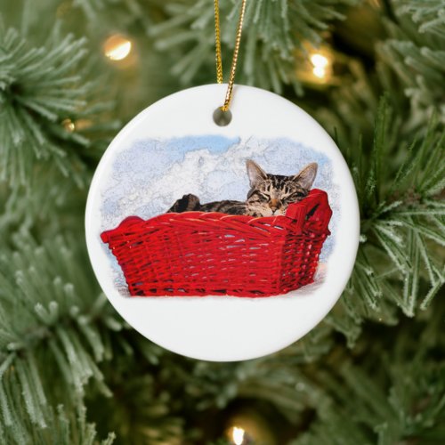 Sleeping Kitten In Bright Red Basket Custom Back Ceramic Ornament