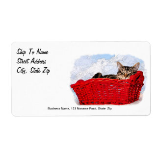 Sleeping Kitten In Bright Red Basket Label
