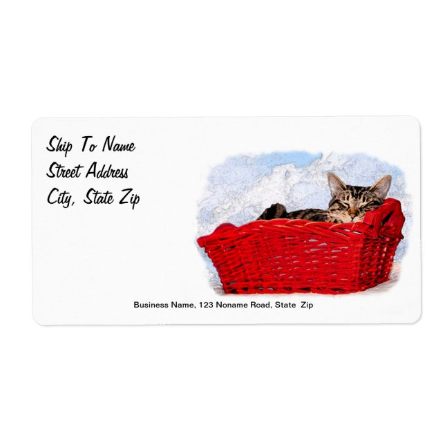 Sleeping Kitten In Bright Red Basket Label (Front)