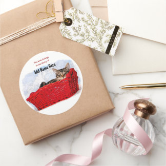 Sleeping Kitten In Bright Red Basket Personalized Classic Round Sticker