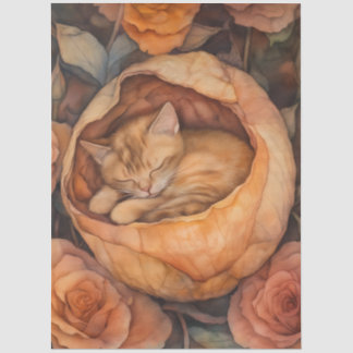 Sleeping Kitten in Rose Blossom Watercolor Floral Tissue Paper