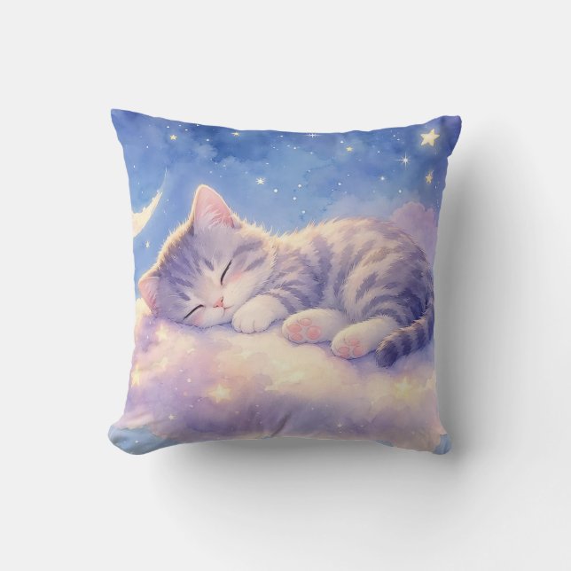 Sleeping Kitten on Cloud Throw Pillow (Front)