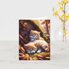 Sleeping Kitten Puppy Fall Leaves Blank Greeting Card