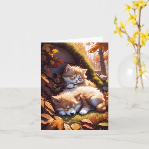 Sleeping Kitten Puppy Fall Leaves Blank Greeting  Card