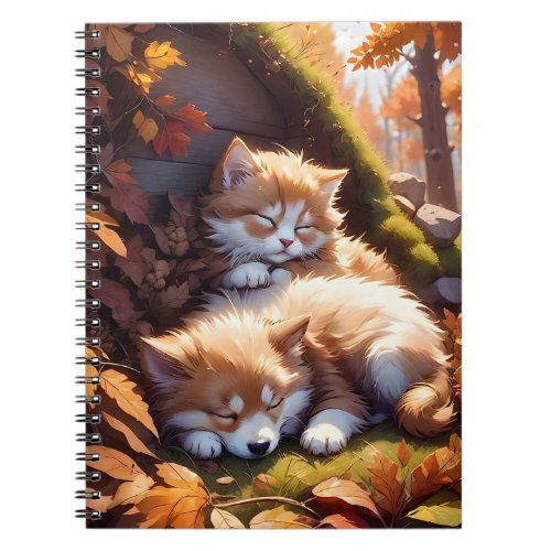 Sleeping Kitten Puppy Fall Leaves Blank Greeting  Notebook
