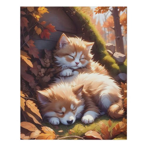 Sleeping Kitten Puppy Faux Wrapped Canvas Print