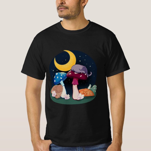 Sleeping Kitties on Cluster of mushrooms T-Shirt (Front)