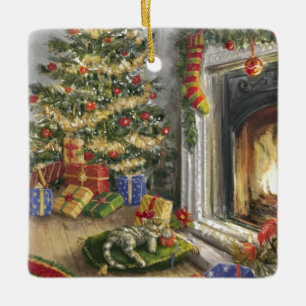 Sleeping Kitty By The christmas Tree Ceramic Ornament