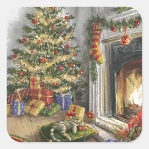 Sleeping Kitty By The christmas Tree Square Sticker