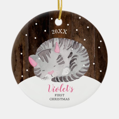 Sleeping Kitty Cat New Babys First Christmas Date Ceramic Ornament