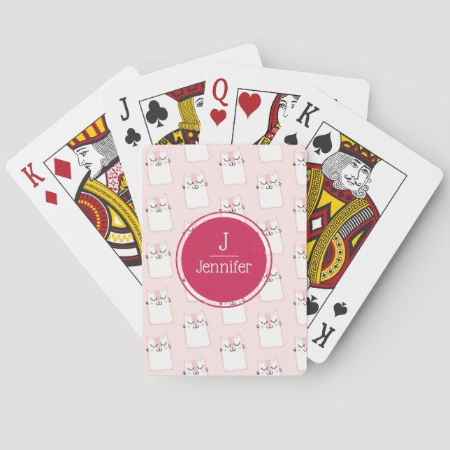 Sleeping Kitty Cat Pattern Monogram Poker Cards (Back)