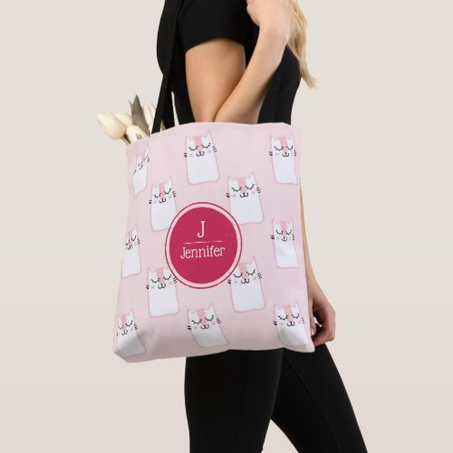 Sleeping Kitty Cat Pattern Monogram Tote Bag