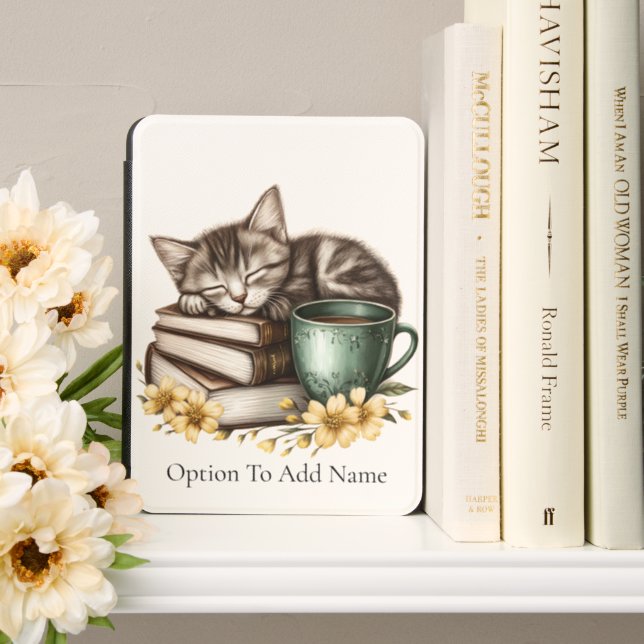 Sleeping Kitty on Book Stack Kindle Cover (In Use (Bookshelf))