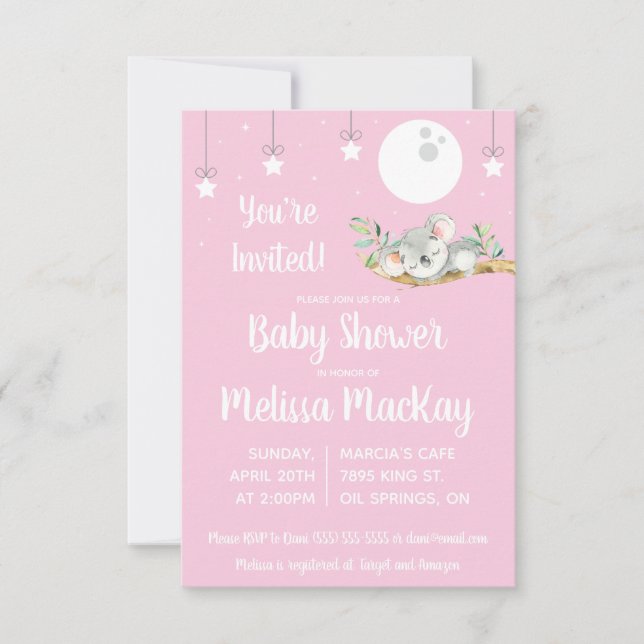 Sleeping Koala Baby Shower Pink Invitation (Front)