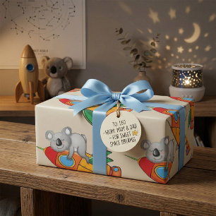 Sleeping Koala on Colorful Rocket Wrapping Paper