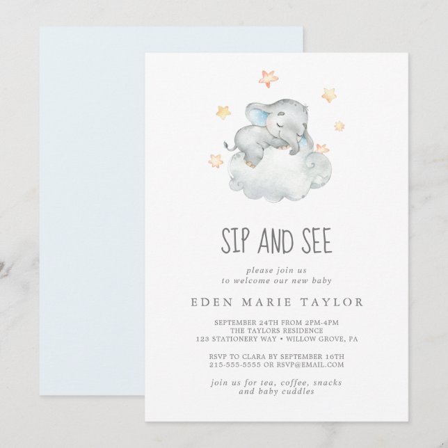 Sleeping Little Elephant Baby Boy Sip and See Invitation (Front/Back)