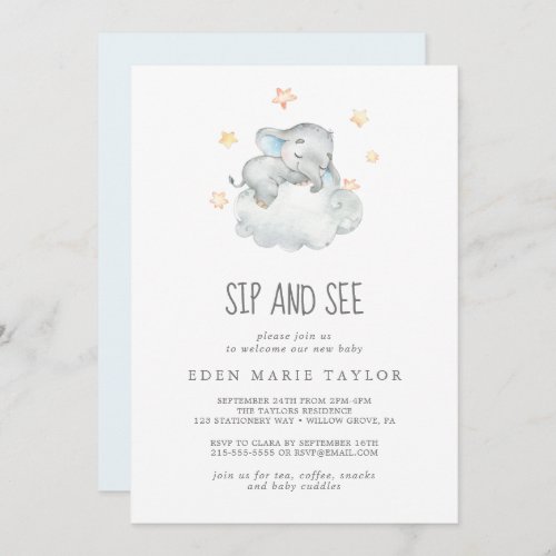 Sleeping Little Elephant Baby Boy Sip and See Invitation