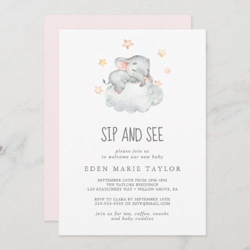 Sleeping Little Elephant Baby Girl Sip and See Invitation