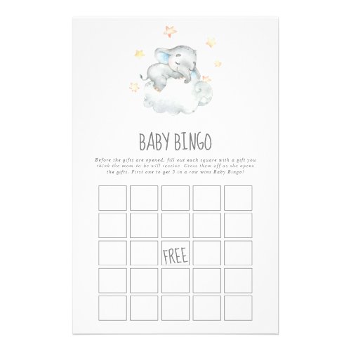 Sleeping Little Elephant Boy Baby Bingo Game Flyer