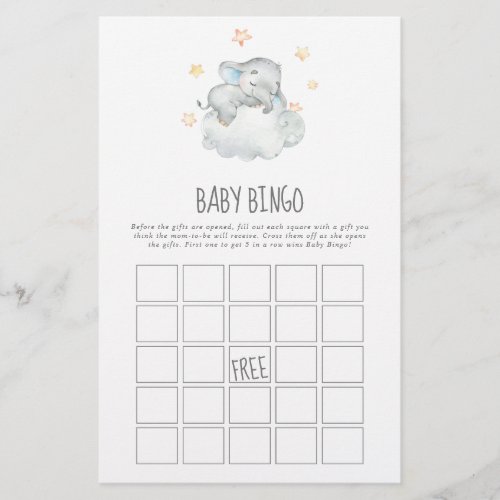 Sleeping Little Elephant Boy Baby Bingo Game Flyer