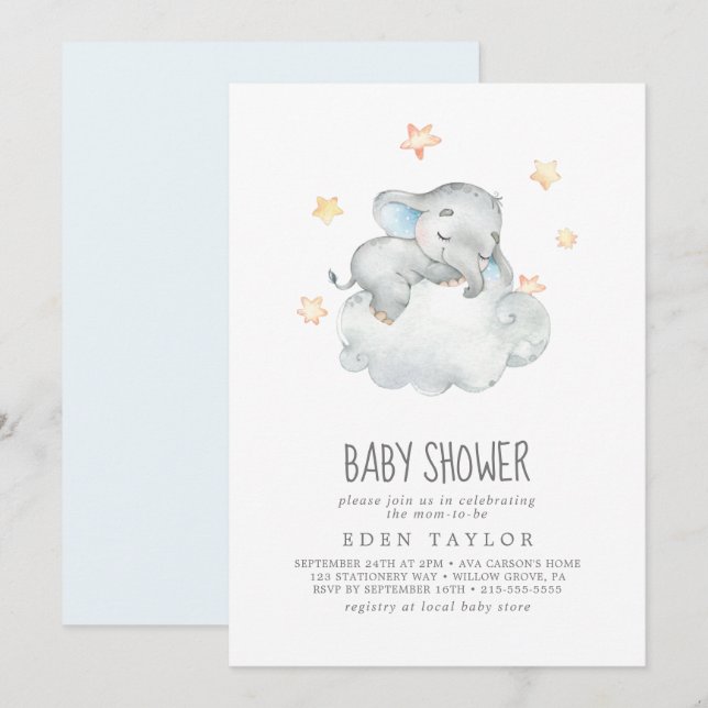Sleeping Little Elephant Boy Baby Shower Invitation (Front/Back)