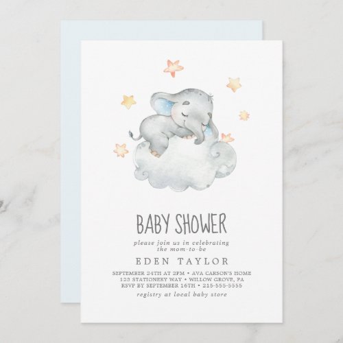 Sleeping Little Elephant Boy Baby Shower Invitation