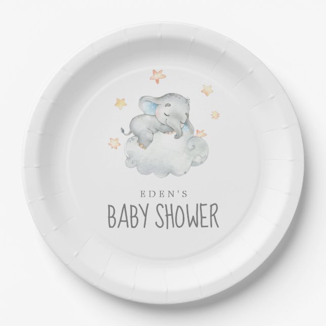 Sleeping Little Elephant Boy Baby Shower Paper Plates (Front)