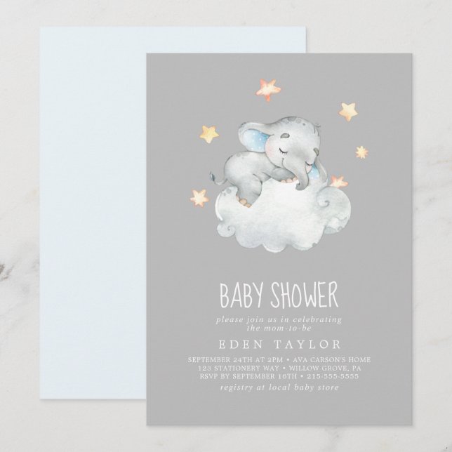 Sleeping Little Elephant Boy | Gray Baby Shower Invitation (Front/Back)