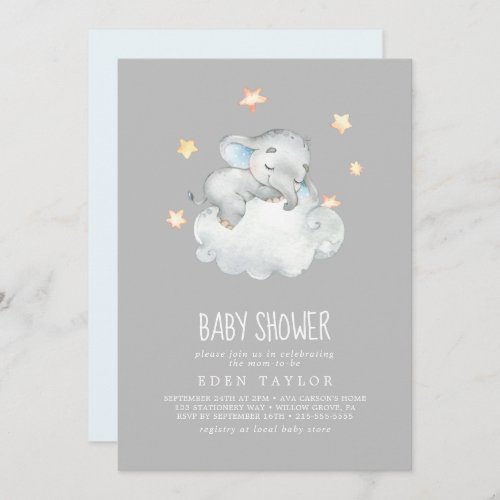 Sleeping Little Elephant Boy  Gray Baby Shower Invitation