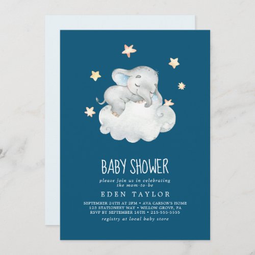 Sleeping Little Elephant Boy  Navy Baby Shower Invitation