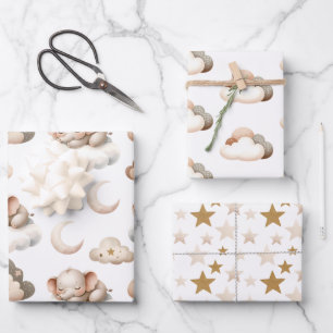 Sleeping Little Elephant, Clouds, Stars Wrapping Paper Sheets