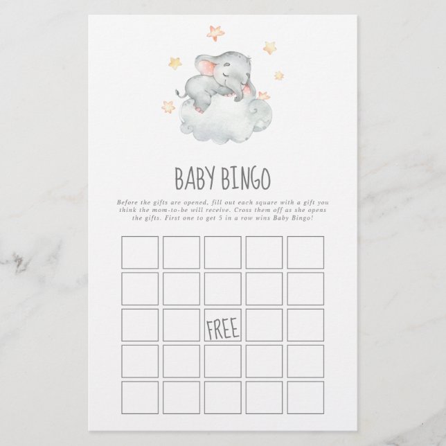 Sleeping Little Elephant Girl Baby Bingo Game Flyer (Front)
