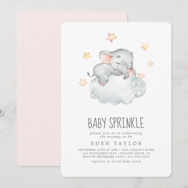 Sleeping Little Elephant Girl Baby Sprinkle Invitation (Front/Back)