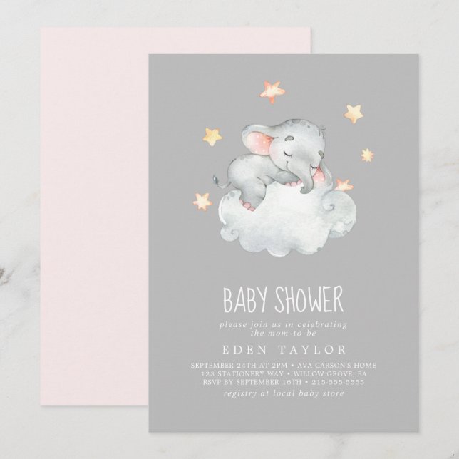 Sleeping Little Elephant Girl | Gray Baby Shower Invitation (Front/Back)