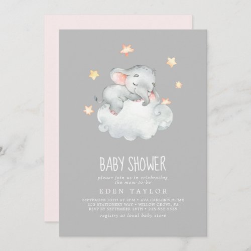 Sleeping Little Elephant Girl  Gray Baby Shower Invitation